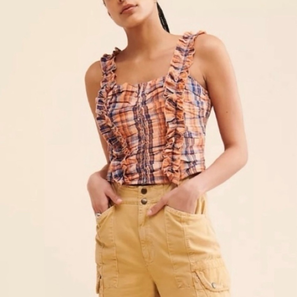 Verb by Pallavi Singhee x Anthropologie Ruffled & Smocked Plaid Top, size Medium